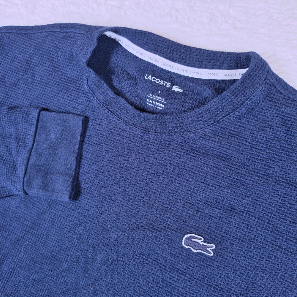 Lacoste Sleepwear Mens S Navy Blue Waffle Knit L/S Crew Neck Logo Shirt TH9668